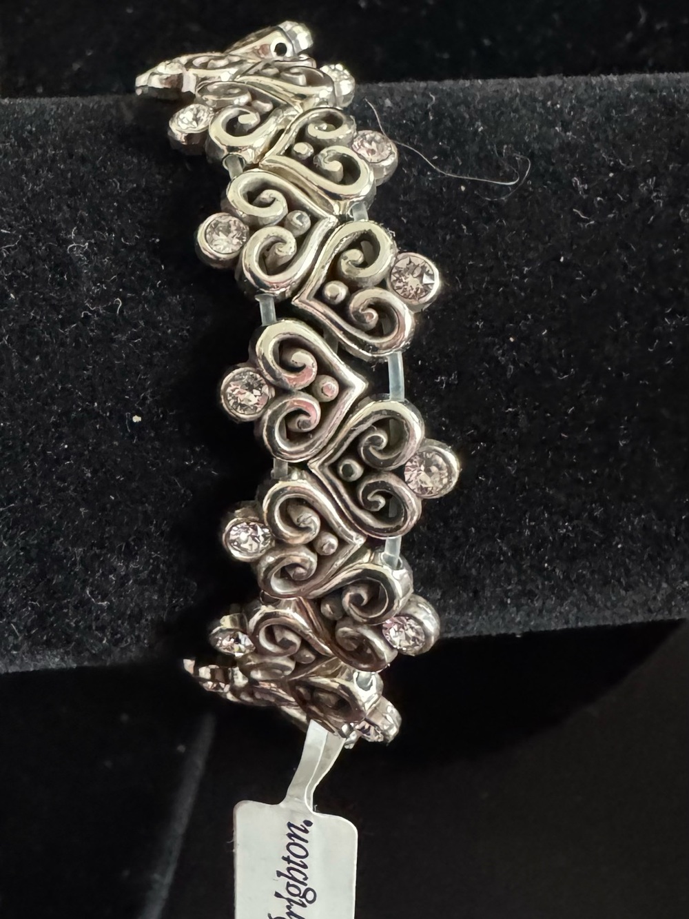 Brighton Silver Floral Scrolling Heart Bracelet with Crystal  Accents - Stretch - Picture 3 of 7